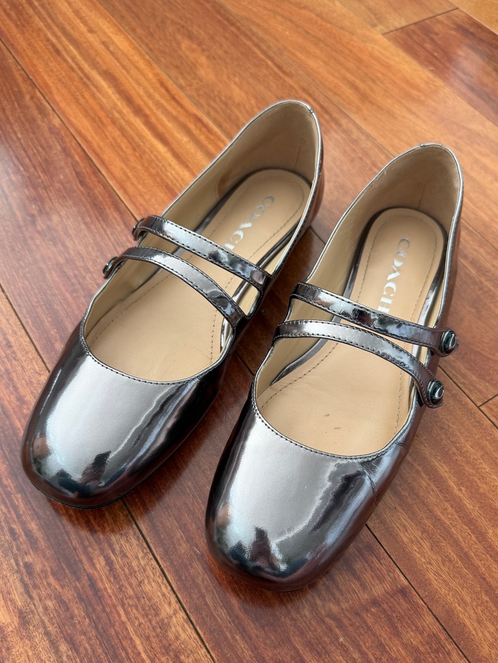 Coach Metallic Double-Strap Mary Jane Flats